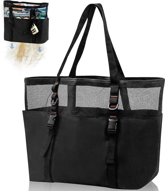 Borsa da spiaggia grande per famiglie con chiusura a cerniera: 40L borsa da bagno impermeabile con chiusura a cerniera sacchetto da spiaggia mesh con chiusura a cerniera borsa shopper pieghevole borsa respirante per spiaggia vacanza palestra nero