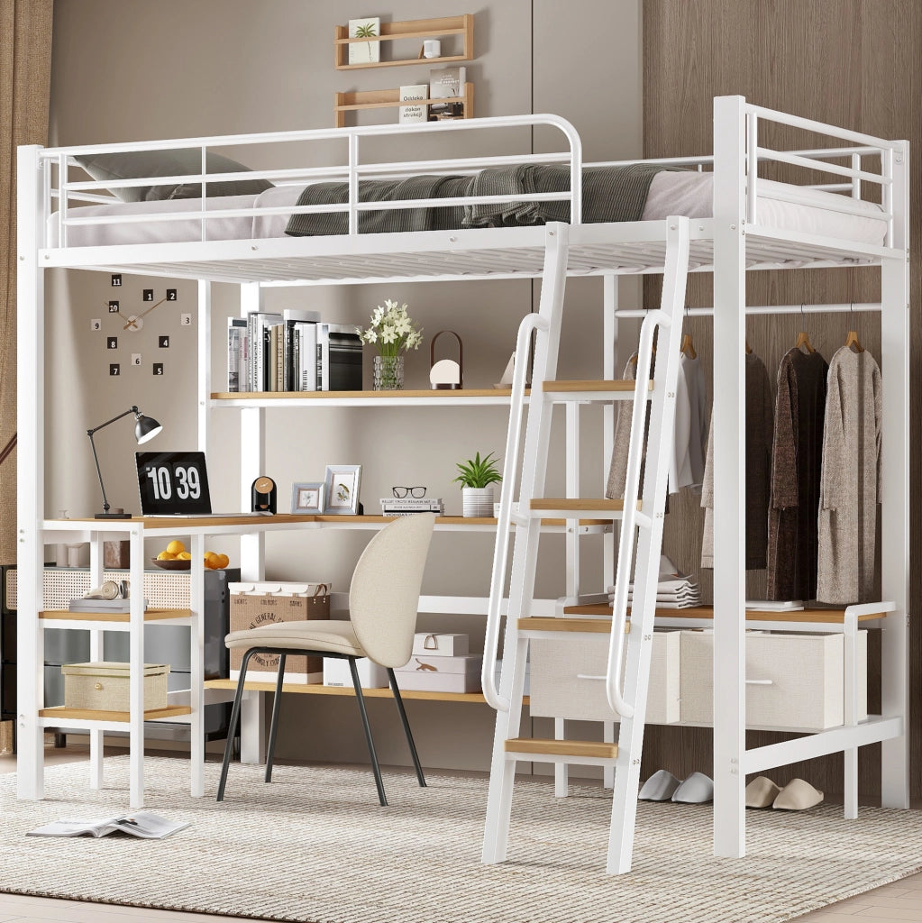 Letto a soppalco 90x200 cm in metallo e MDF con scrivania e contenitori