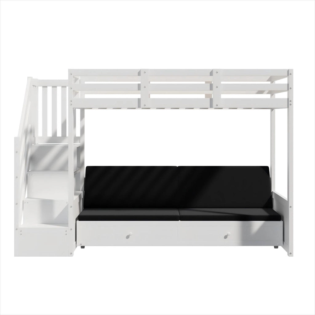 Letto a Castello 90x200 cm con Divano; Armadio Scala; 2 Cassetti in Legno Bianco