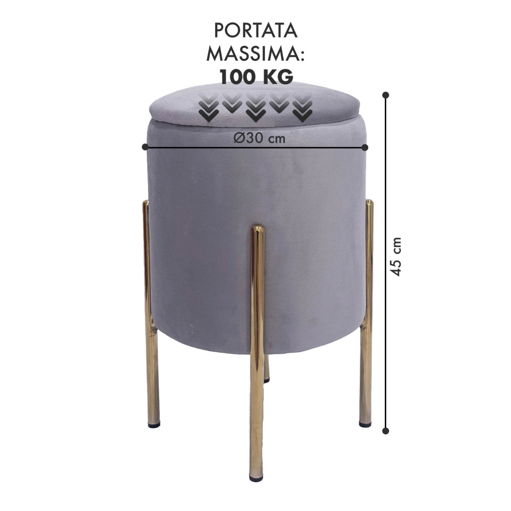 Pouf Contenitore in Velluto Moderno con Gambe Oro – Poggiapiedi Salvaspazio, Sgabello Arredo Elegante 30x45 cm per Soggiorno e Camera Grigio