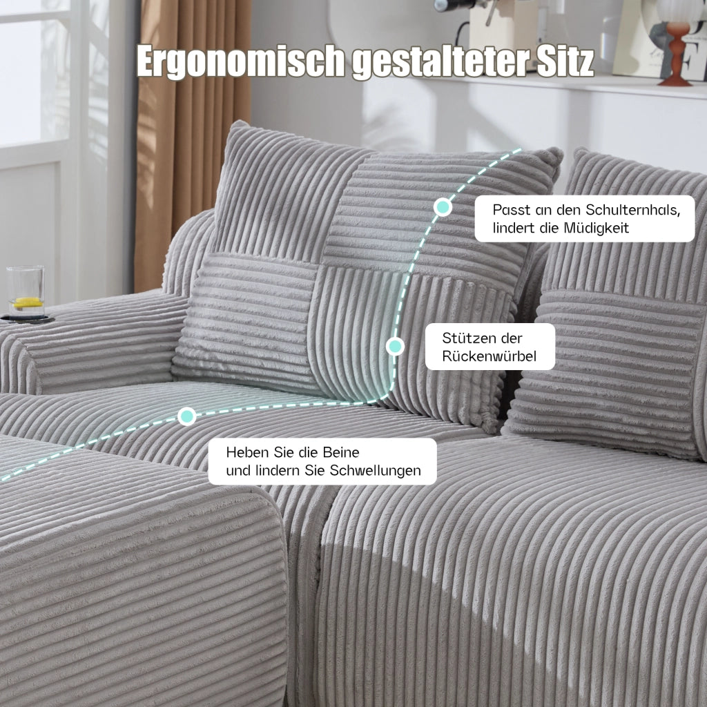 DIVANO modulare 3 posti 268x174x80 cm in tessuto corduroy grigio chiaro