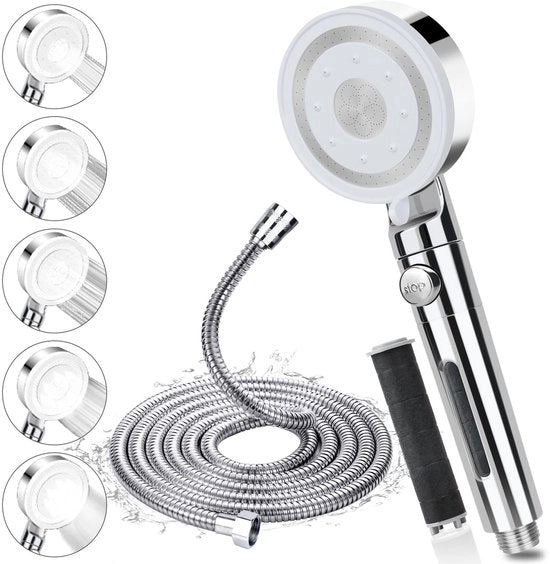 Douchekop con 2M slang, douchekop ad alta pressione con filtro, douchekop a risparmio d'acqua con 5 tipi di getto, grande douchino con funzione di arresto, douchekop con slang in acciaio inox, per l'eliminazione del cloro.
