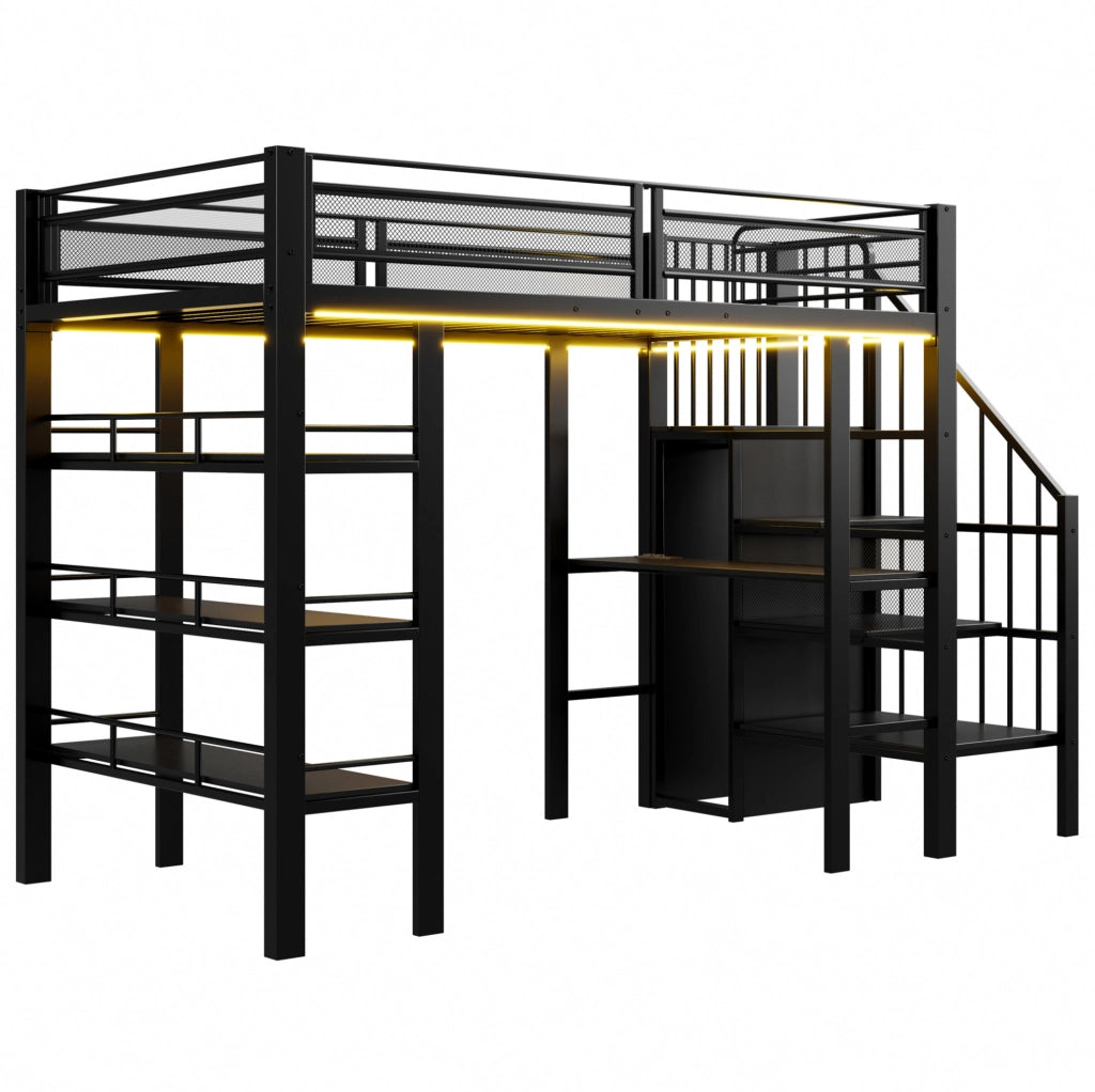 Letto a soppalco 90x200 cm in metallo nero con LED; scrivania; ripiani e armadio integrato