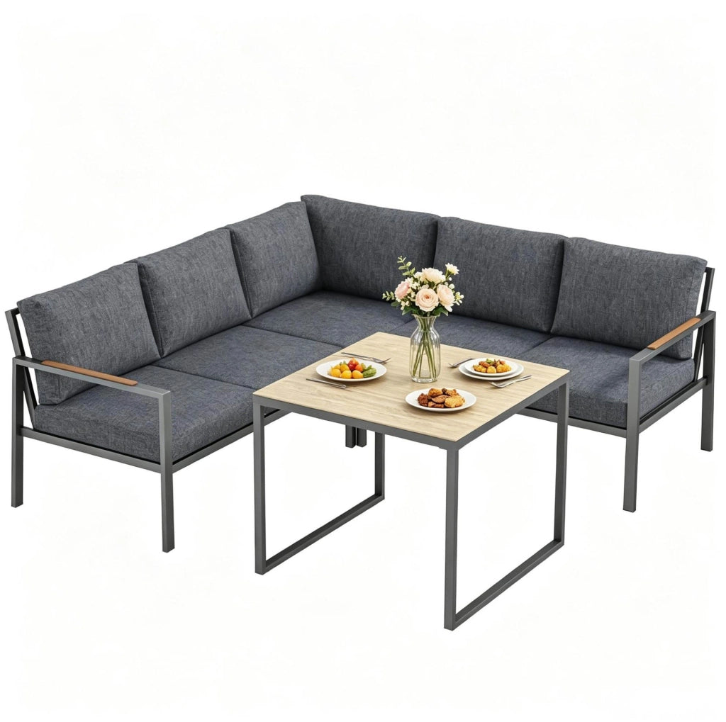 Set salotto da giardino angolare a L 5 posti con tavolino 183x183 cm; grigio scuro