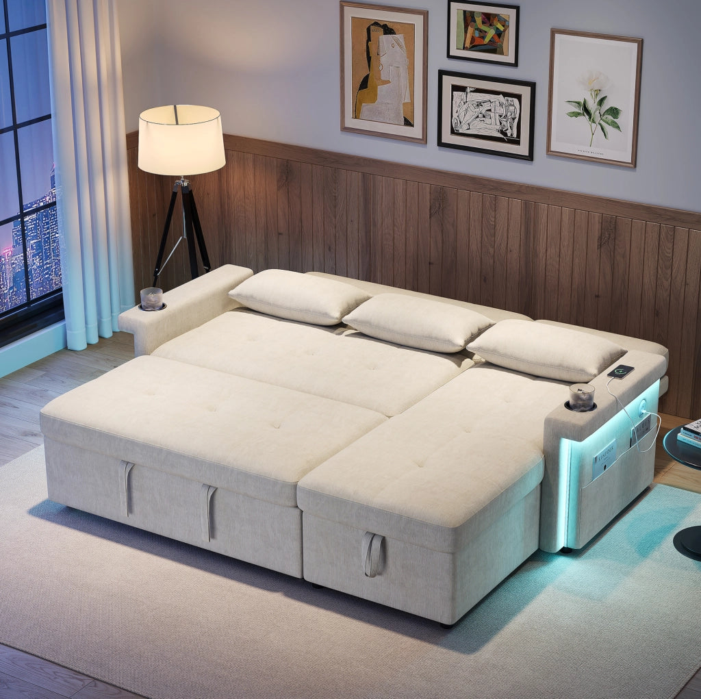 Divano letto angolare 209x141;5x90 cm in ciniglia beige con LED; USB e USB-C