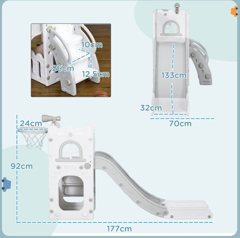 Scivolo per bambini 177x70x92 cm in plastica grigia 5 in 1 salvaspazio per cameretta