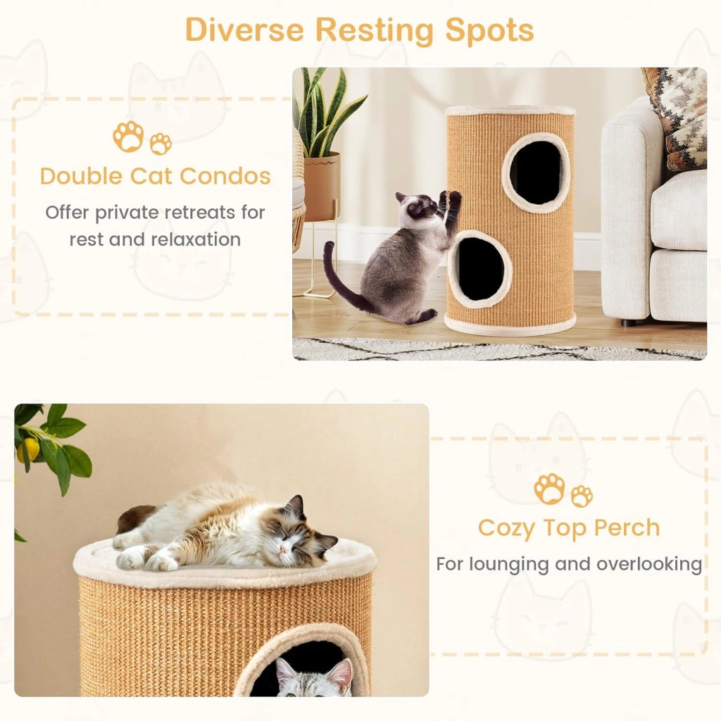 Tiragraffi per Gatti a Torre 60 cm, 3 Piani con 2 Grotte, Cuccia Albero per Gatti con Superficie Tiragraffi in Sisal, Tubo Stabile da Interno Ø36, Arancione