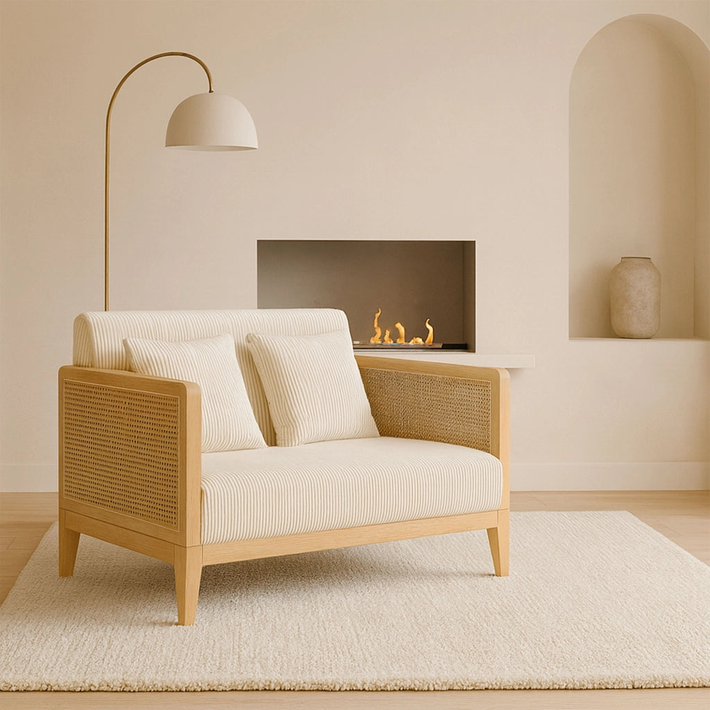 Artena Duo - Divano 2 Posti 143x80x84,5 cm Divanetto in Legno Massello e Polyrattan Rovere con Cuscini Bianco