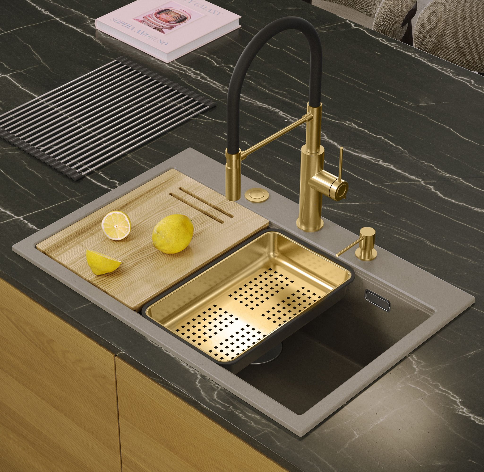 Lavello In Granito Marc 110 Workstation Beige Acciaio