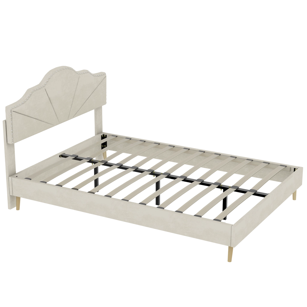 Letto 140x200 cm con testiera geometrica in tessuto beige