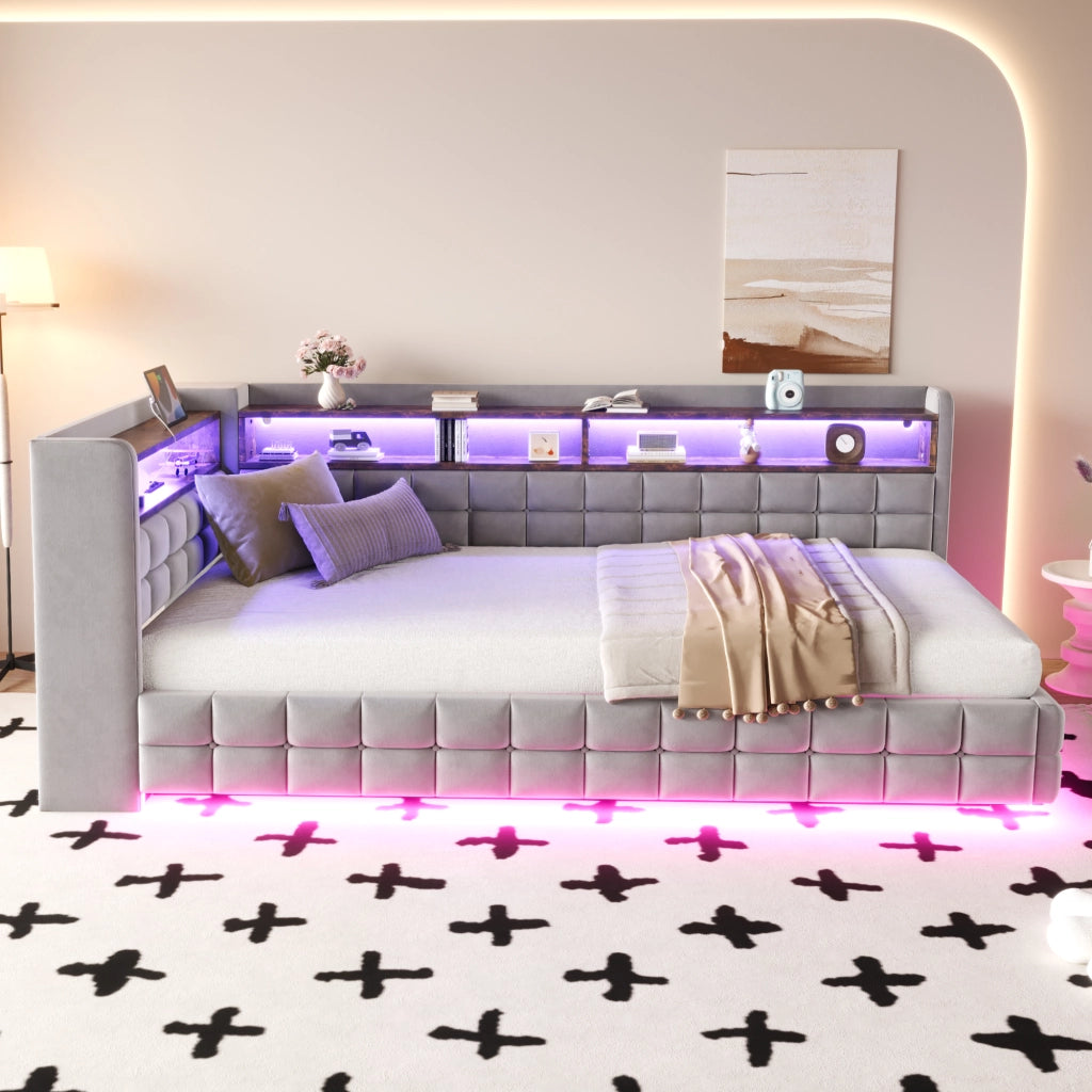 Letto singolo imbottito 90×200 cm con contenitore idraulico; LED; USB; Type-C e ripiani; senza materasso