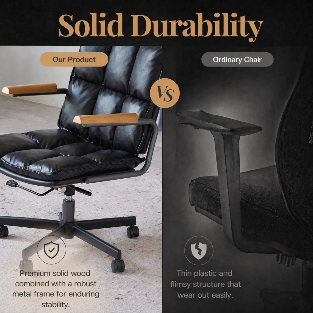 SEDIA UFFICIO Girevole 360° Nero in Pelle e Metallo con Braccioli in Legno