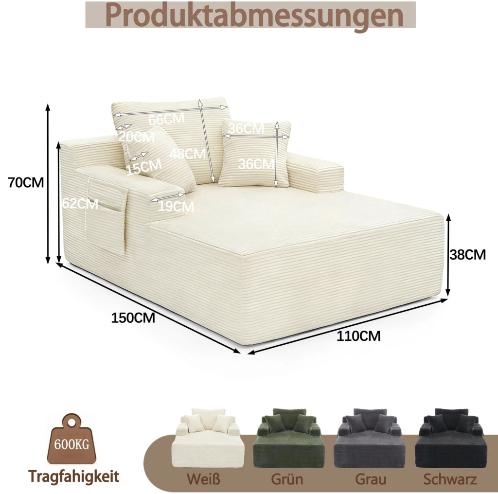 Divano in velluto a coste con tasche laterali; molle integrate e cuscini; beige