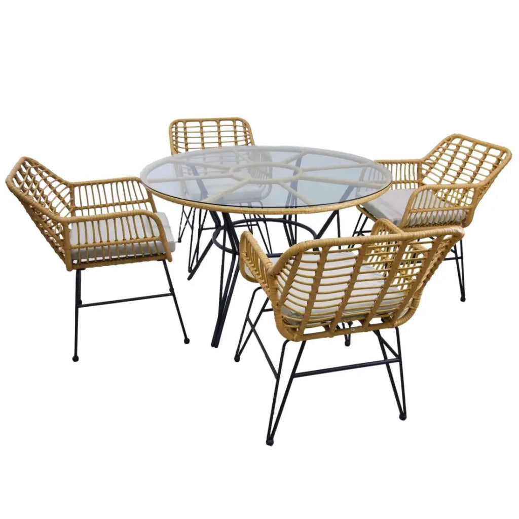 Salotto da giardino VALORIA 4 posti – Tavolo e 4 sedie in rattan marrone con cuscini grigi
