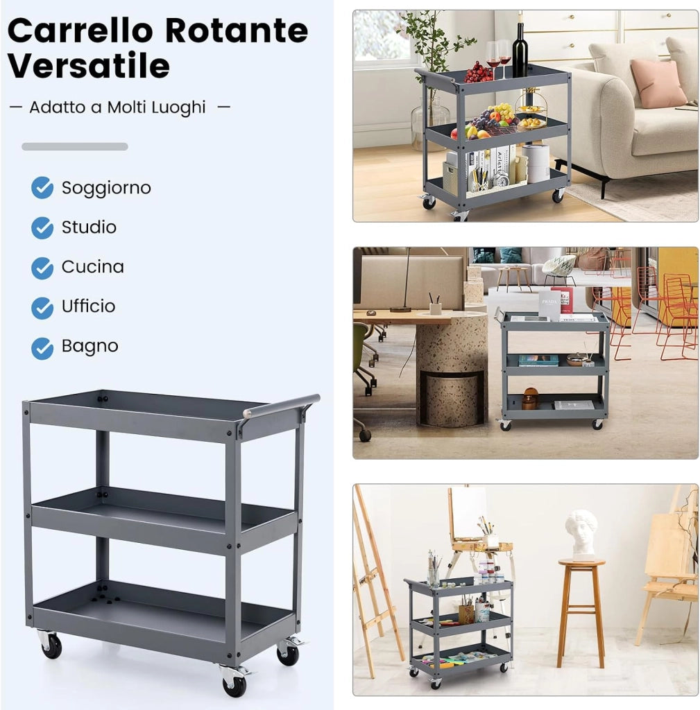 Carrello da Cucina con 3 Livelli, Carrellino Multifunzionale con Ruote Flessibili, Carrello di Servizio Resistente con Maniglia Comoda, Ideale per Ufficio Garage Magazzino Biblioteca (Grigio)