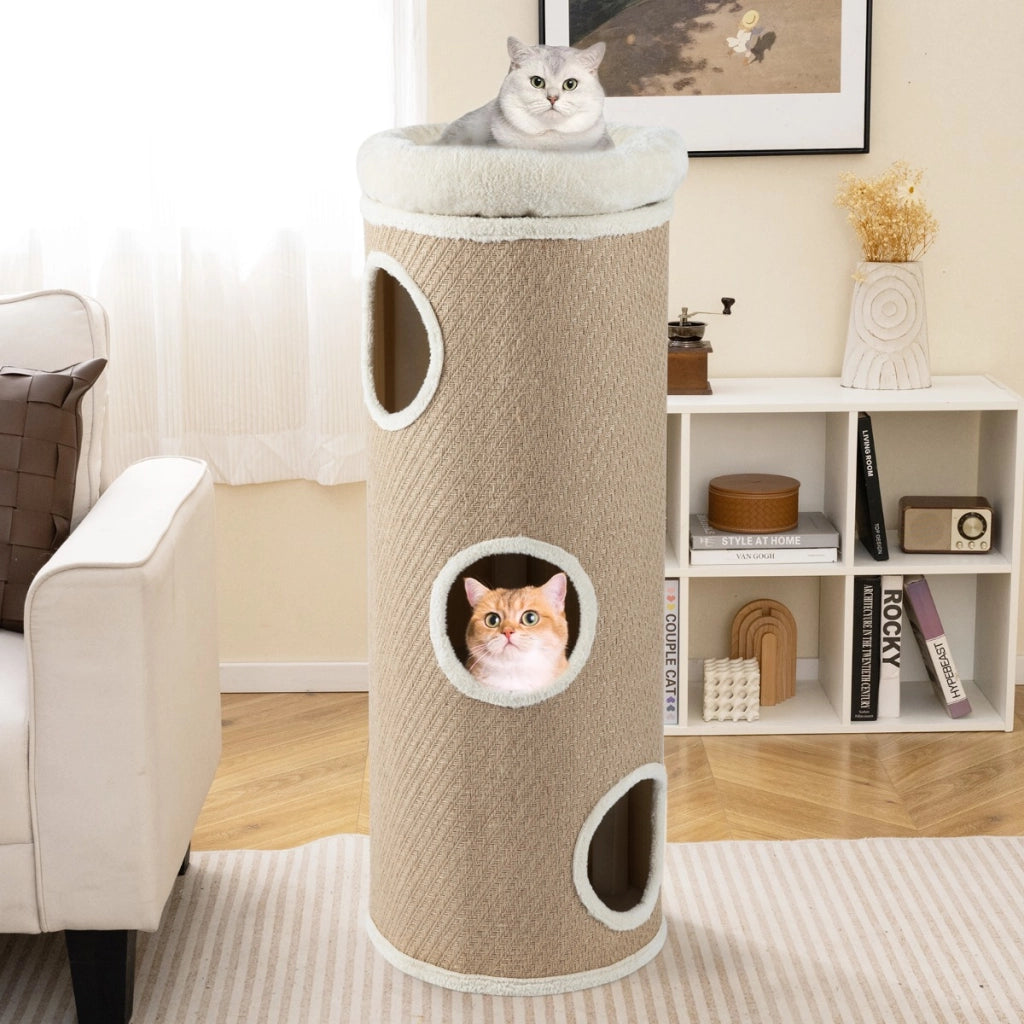 Casa per gatti a 4 piani con letto a caverna elevato, Tavoletta per graffi e altro ideale per pi¨´ gatti Marrone