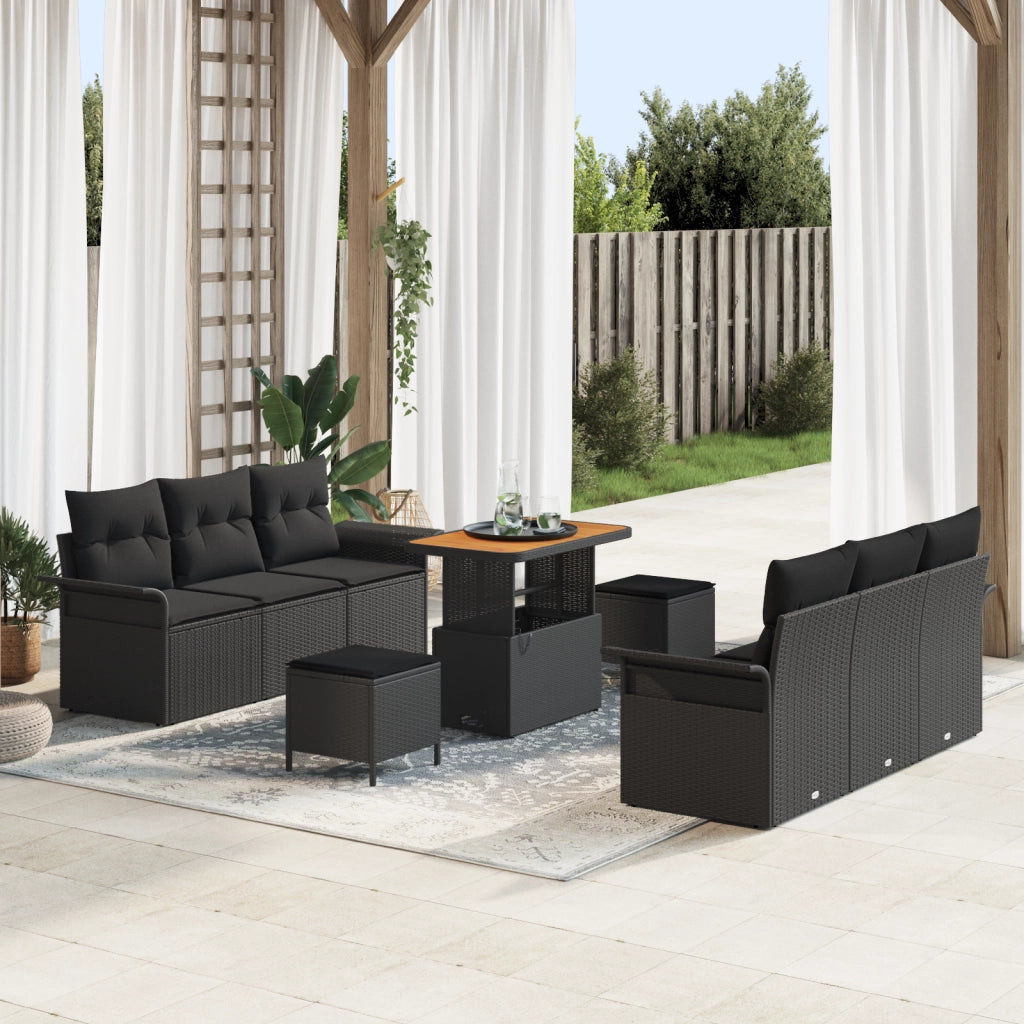 Set di SofÃ  da Giardino  9 Pezzi con Cuscini Polyrattan Nero Acacia