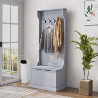 Mobile Appendiabiti 3 in 1 con 4 Ganci e Panca Contenitore, in Legno, 71.5x39.5x170 cm, Grigio