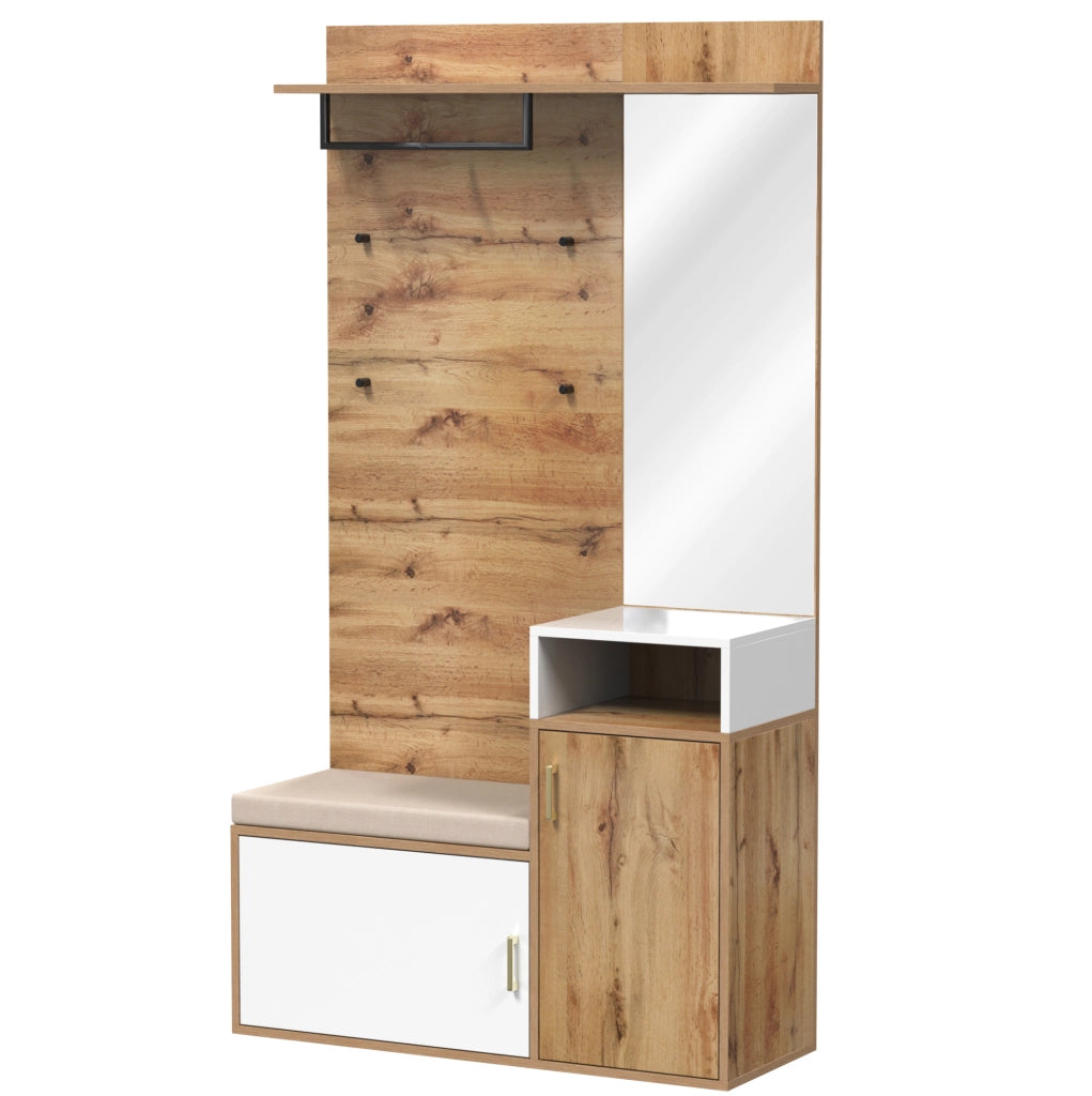 Set ingresso con specchio; scarpiera e appendiabiti 105x40x190;5 cm bianco e legno