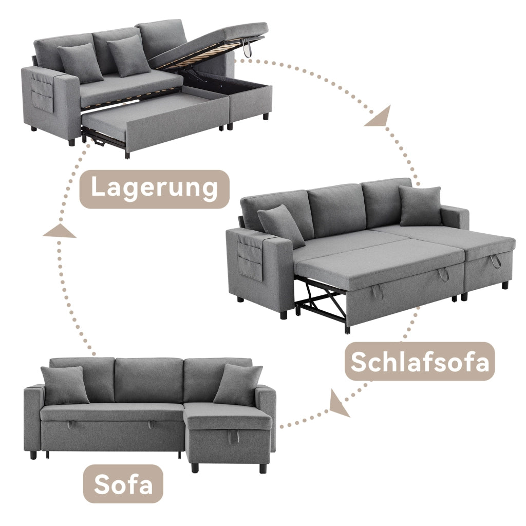 Divano letto angolare convertibile con contenitore e tasche laterali in lino grigio