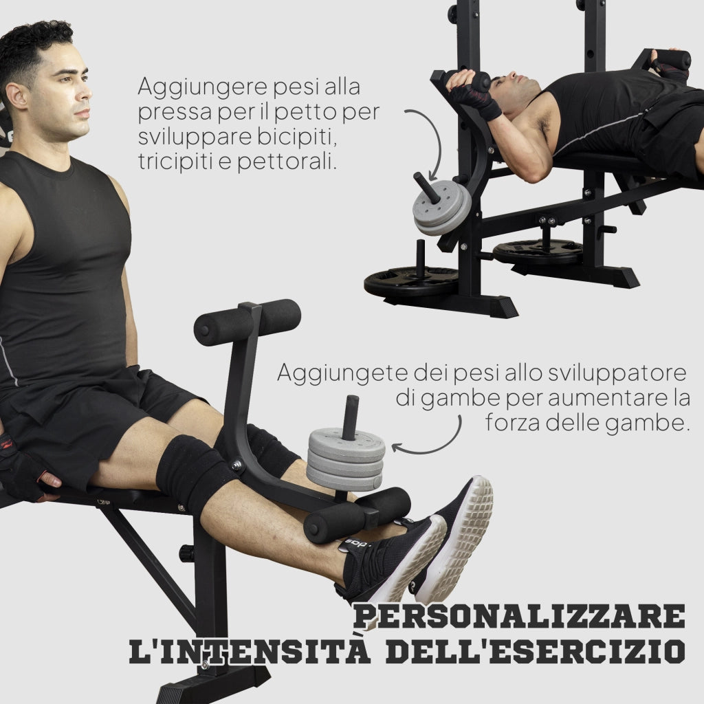 Panca Fitness con Leg Press, Squat Rack e Leg Extension, in Acciaio e PU, 180x134x200 cm, Nero e Argento