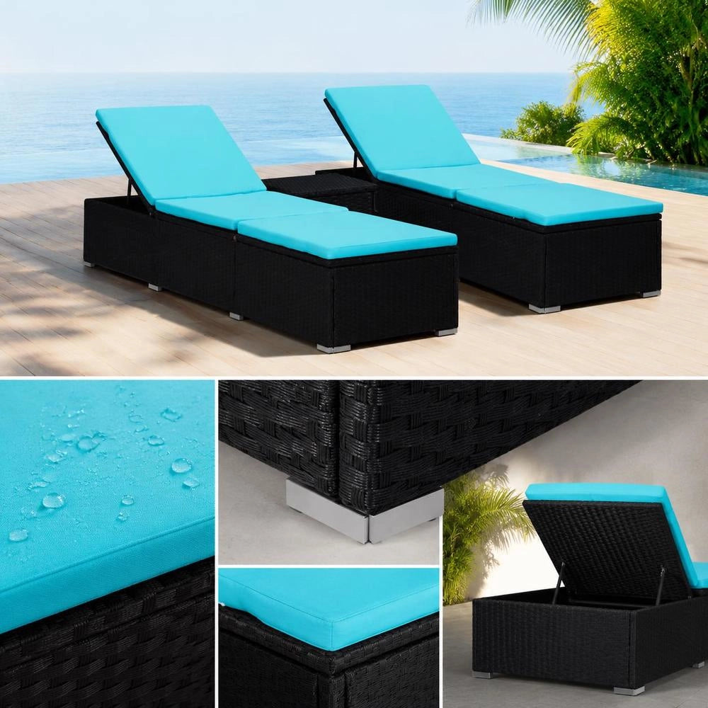 3-piece Garden Sun Loungers With Tea Table, Poly Rattan, Black
