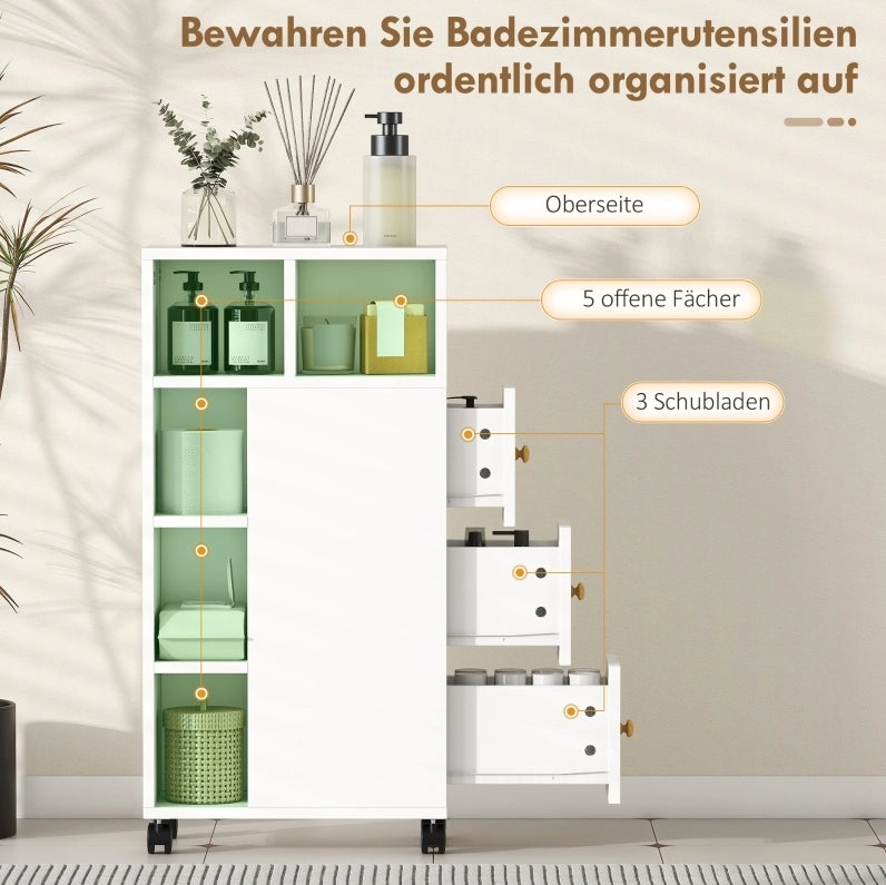 Mobile Armadietto da Bagno Bianco con 3 Cassetti e 5 Ripiani Aperti, 20x40x80 cm