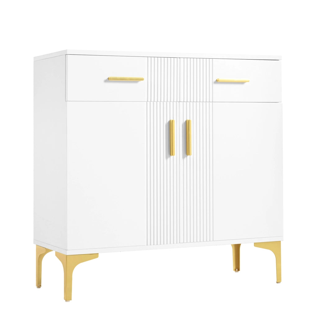 Credenza moderna bianca con 2 ante e 2 cassetti, struttura in MDF, sistema antiribaltamento, 80 x 35 x 79,5 cm