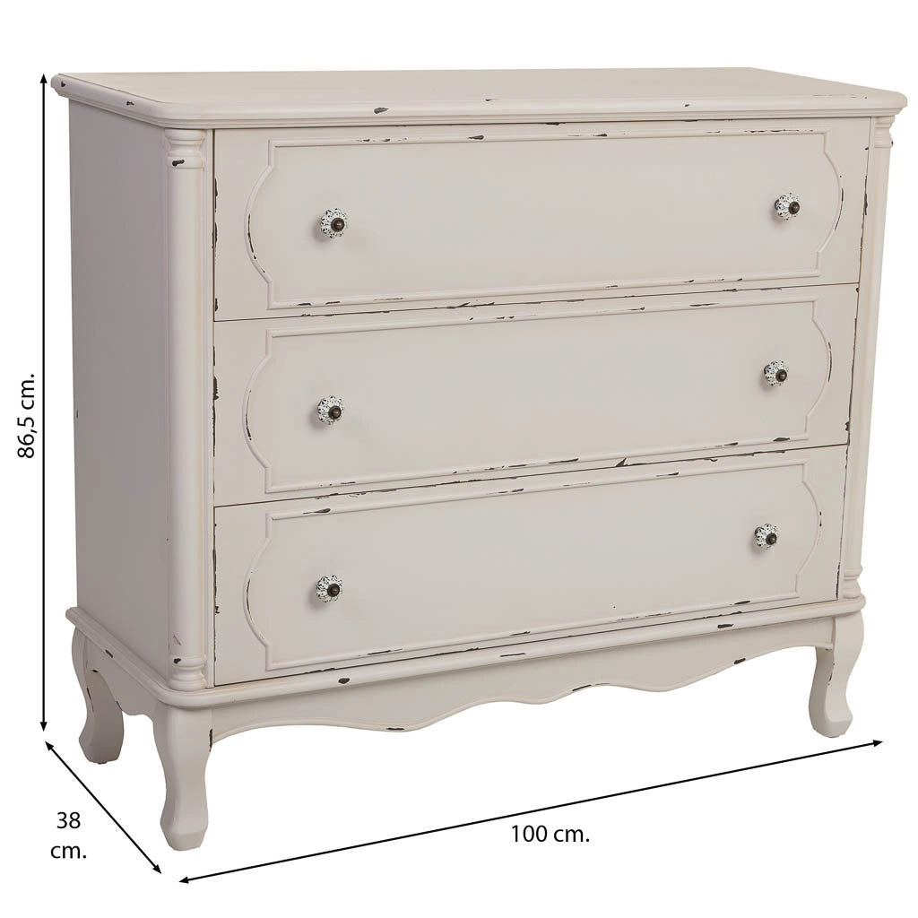 Comò in legno bianco invecchiato con 3 cassetti 100x38x86,5h cm