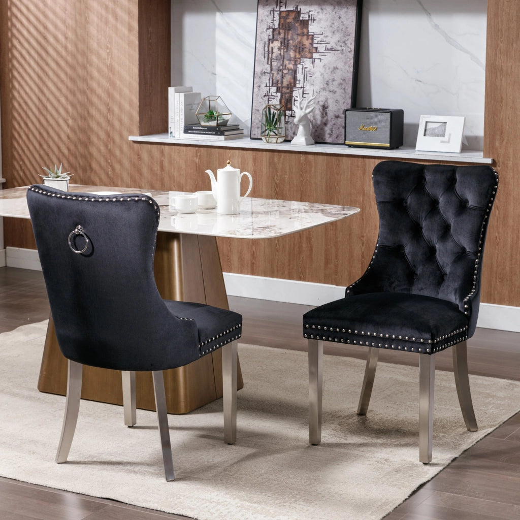 Sedie da Pranzo Imbottite in Velluto con Gambe in Metallo ¨C MINIMAL ¨C Set 2 Pezzi, Nero