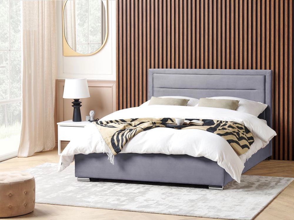 Letto matrimoniale in velluto con contenitore grigio scuro 180 x 200 cm design moderno imbottito con testiera ottomana