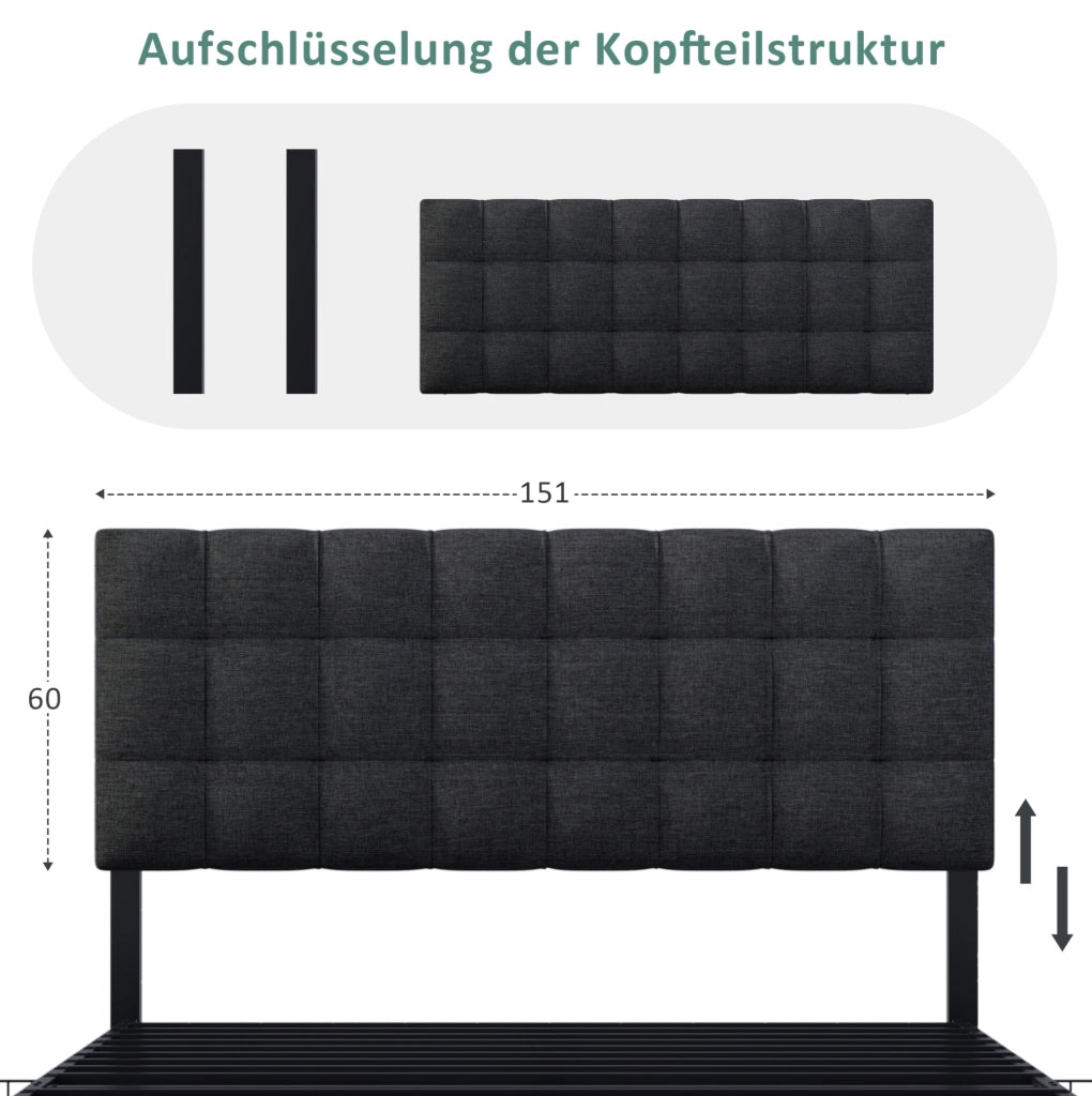 Letto matrimoniale contenitore 140x200 cm in lino nero con 4 cassetti e testiera regolabile