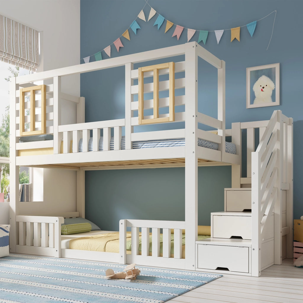 Letto a castello per bambini, 90 x 200 cm, con contenitore, sponde di sicurezza, bianco