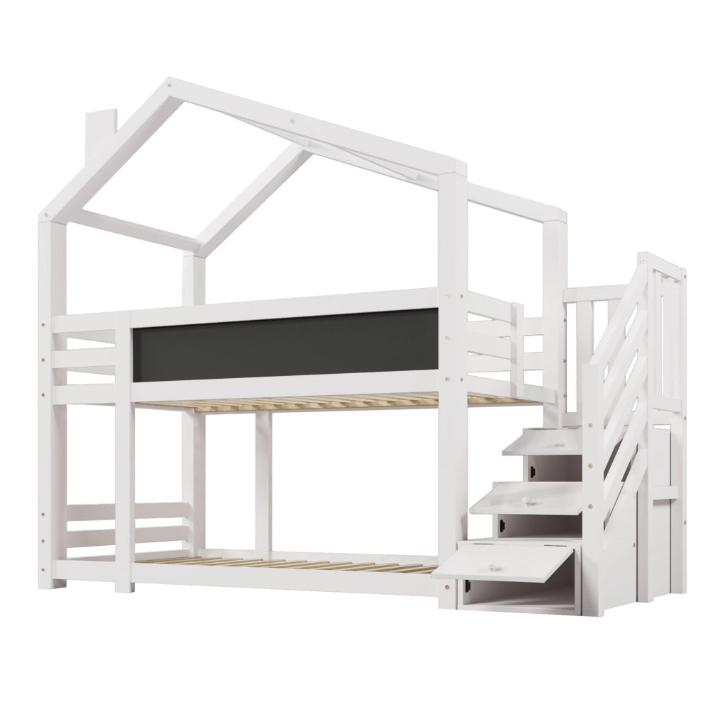 Letto a castello 90x200 cm a casetta con scala contenitore e lavagna in truciolare e legno bianco