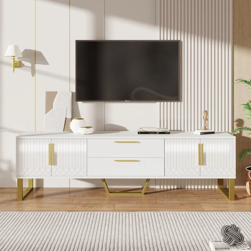 Mobile TV con 4 Ante; 2 Cassetti e Passacavi; Bianco Lucido; Piedini Dorati; 170¡Á40¡Á53;5 cm; in MDF; Bianco