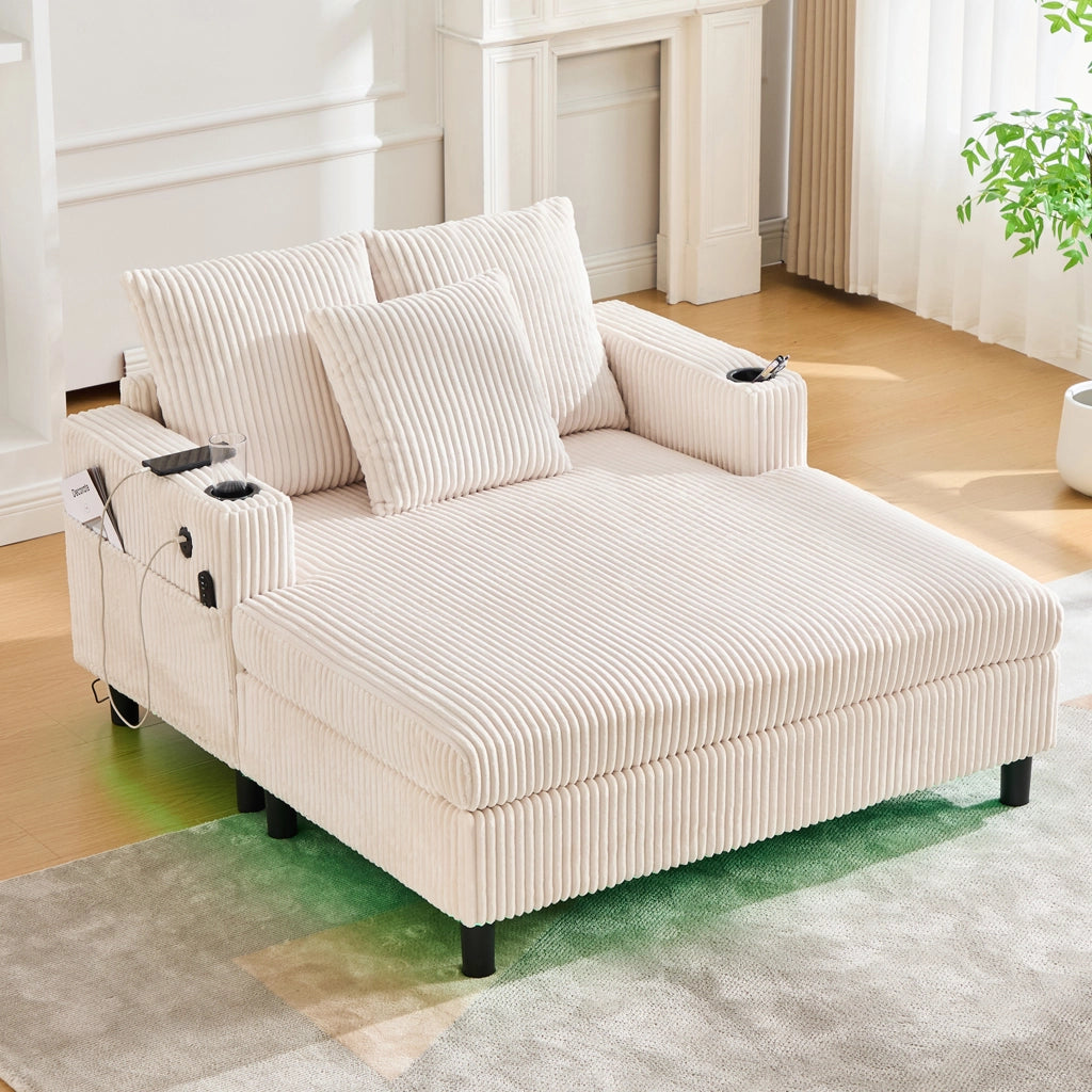 Poltrona relax XXL con illuminazione LED multicolore, USB e portabicchieri, in velluto a coste beige