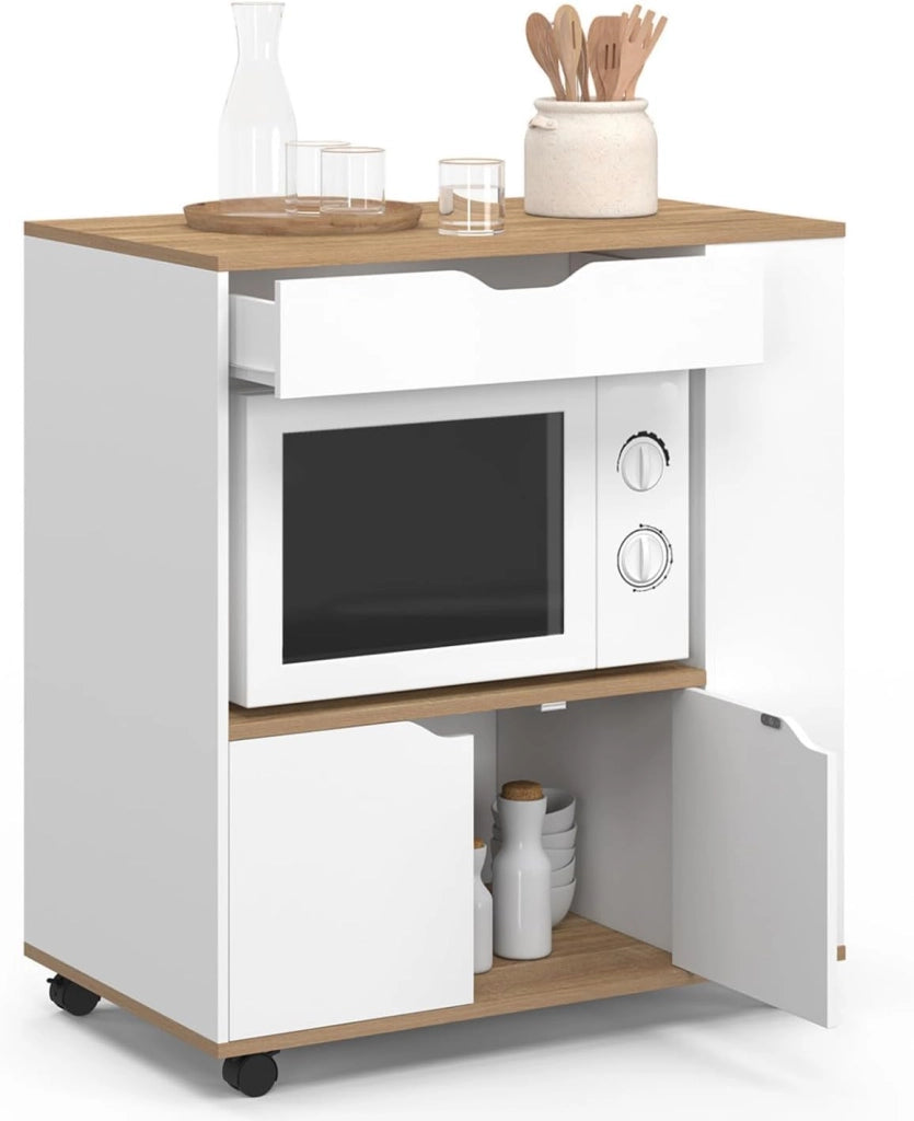 Credenza COSI per microonde con cassetto e ripiani per spezie in legno bianco e vassoi in faggio L.76 cm