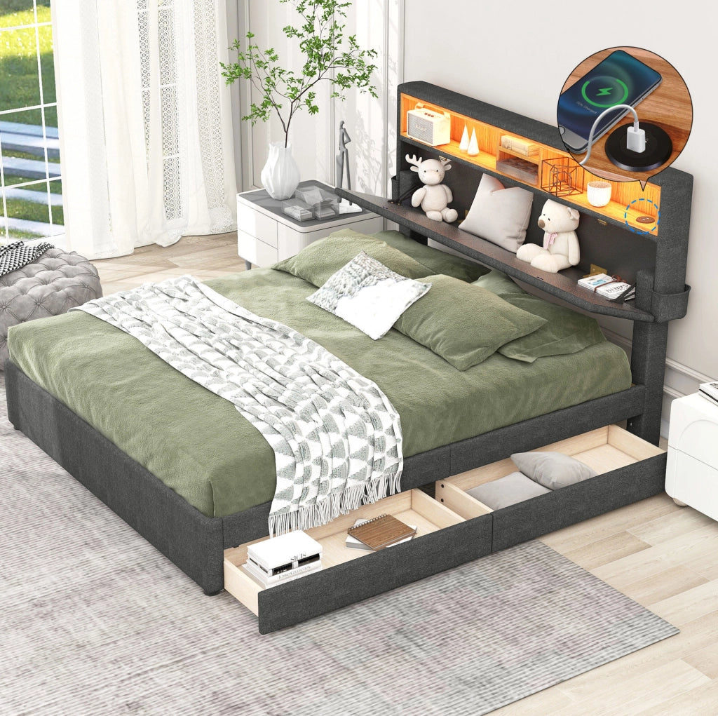 Letto matrimoniale con testiera regolabile; LED e USB; 2 cassetti; grigio 140x200 cm