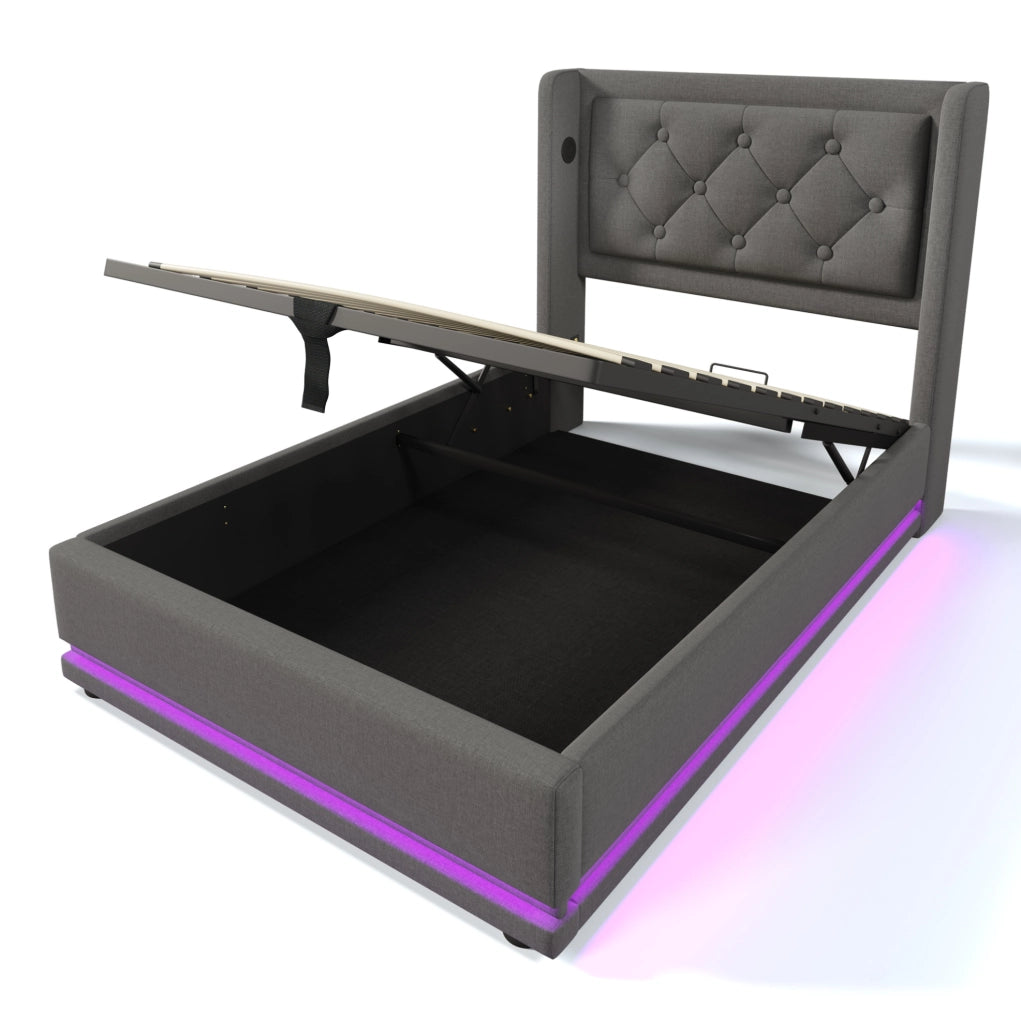 Letto 90x200 cm con contenitore idraulico, LED, USB e USB-C in cotone grigio