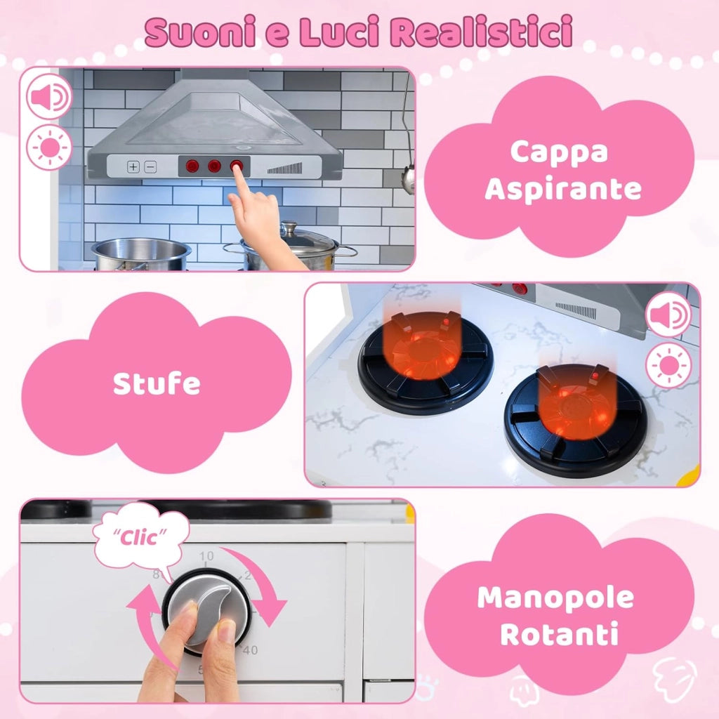 Cucina Giocattolo per Bambini, Set da Cucina in Legno con Luci e Suoni, Macchina del Ghiaccio, Cappa, Fornelli, Microonde e Lavastoviglie, per Bambini 3+ Anni, 118 x 29 x 100cm (Rosa)