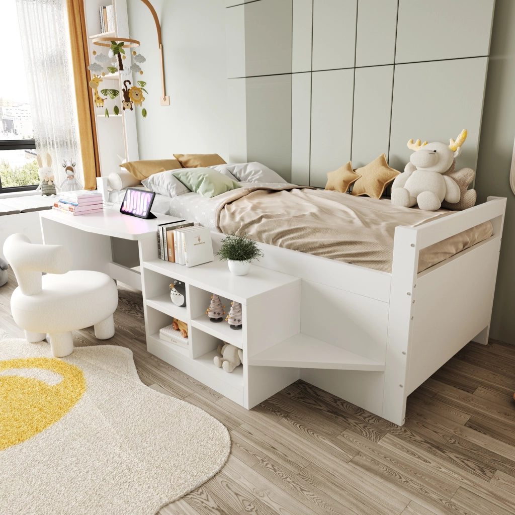 DESMIU Letto Combinato Letto Singolo con Scrivania, Armadi, USB e Presa 90 × 200 cm, Senza Materasso