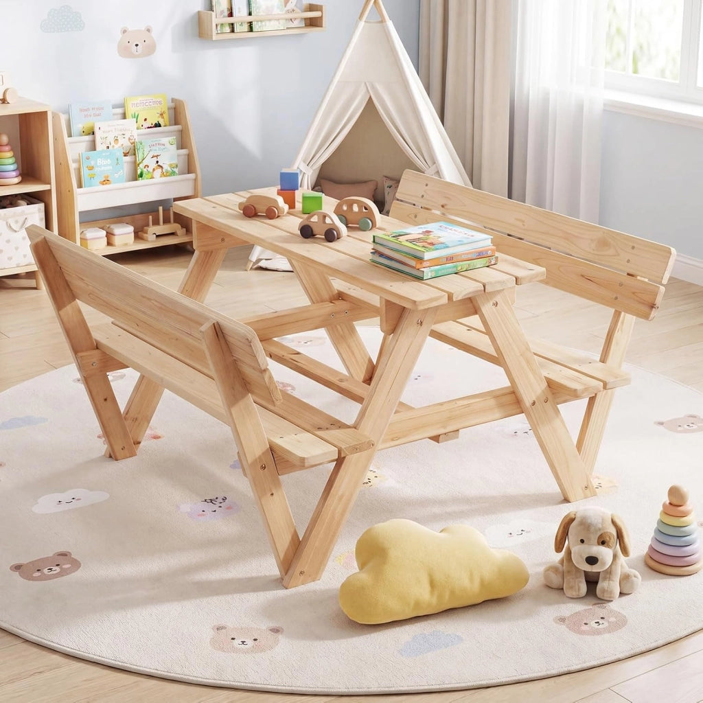 Tavolo da Picnic per Bambini, Set Tavolo e Panche da Giardino con Ombrellone Regolabile in Altezza e Struttura in Legno Massello per Campeggio e Picnic per Bambini 3-8 Anni