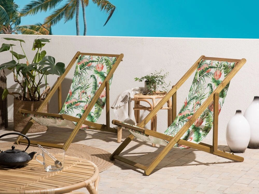 Set di 2 sedie a sdraio da giardino con struttura in legno di acacia chiaro motivo fenicottero in tessuto amaca sedile reclinabile