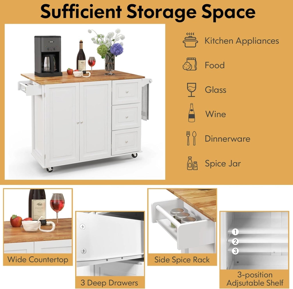 Carrello da cucina pieghevole, carrello di servizio, credenza da cucina, mobile da cucina in legno, ruote con 2 freni, piano pieghevole e 2 ripiani regolabili, 136 x 76 x 91 cm (bianco)