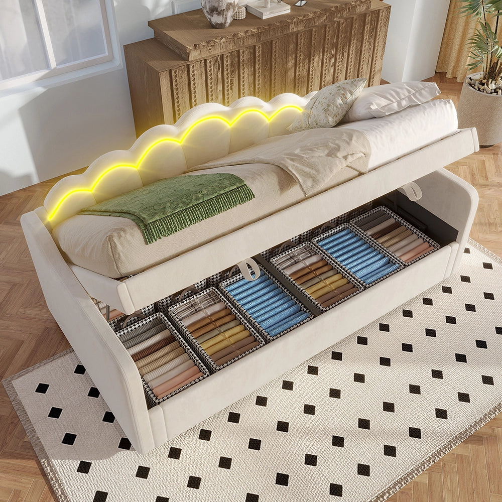 Letto giorno idraulico 90x200cm - Xylo - beige, luci colorate, velluto