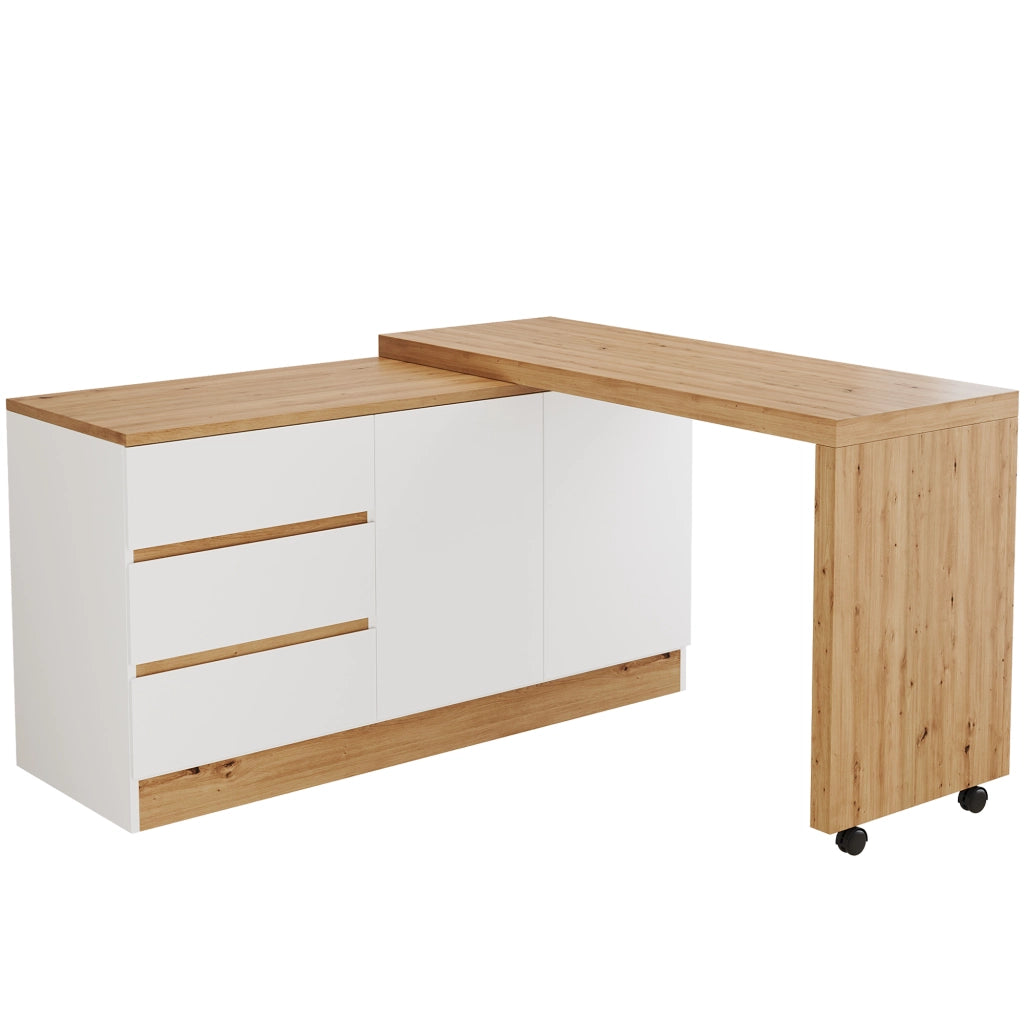 Scrivania pieghevole girevole con ruote frenanti, 2 porte e 3 cassetti, 120x50x78 cm, bianco e rovere