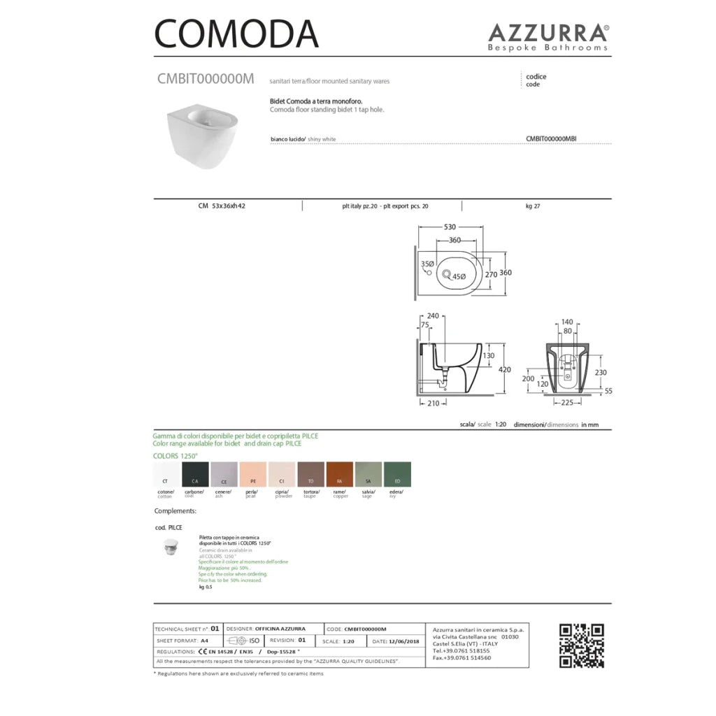 Bidet a Terra Azzurra Ceramica "Comoda" Bianco Opaco