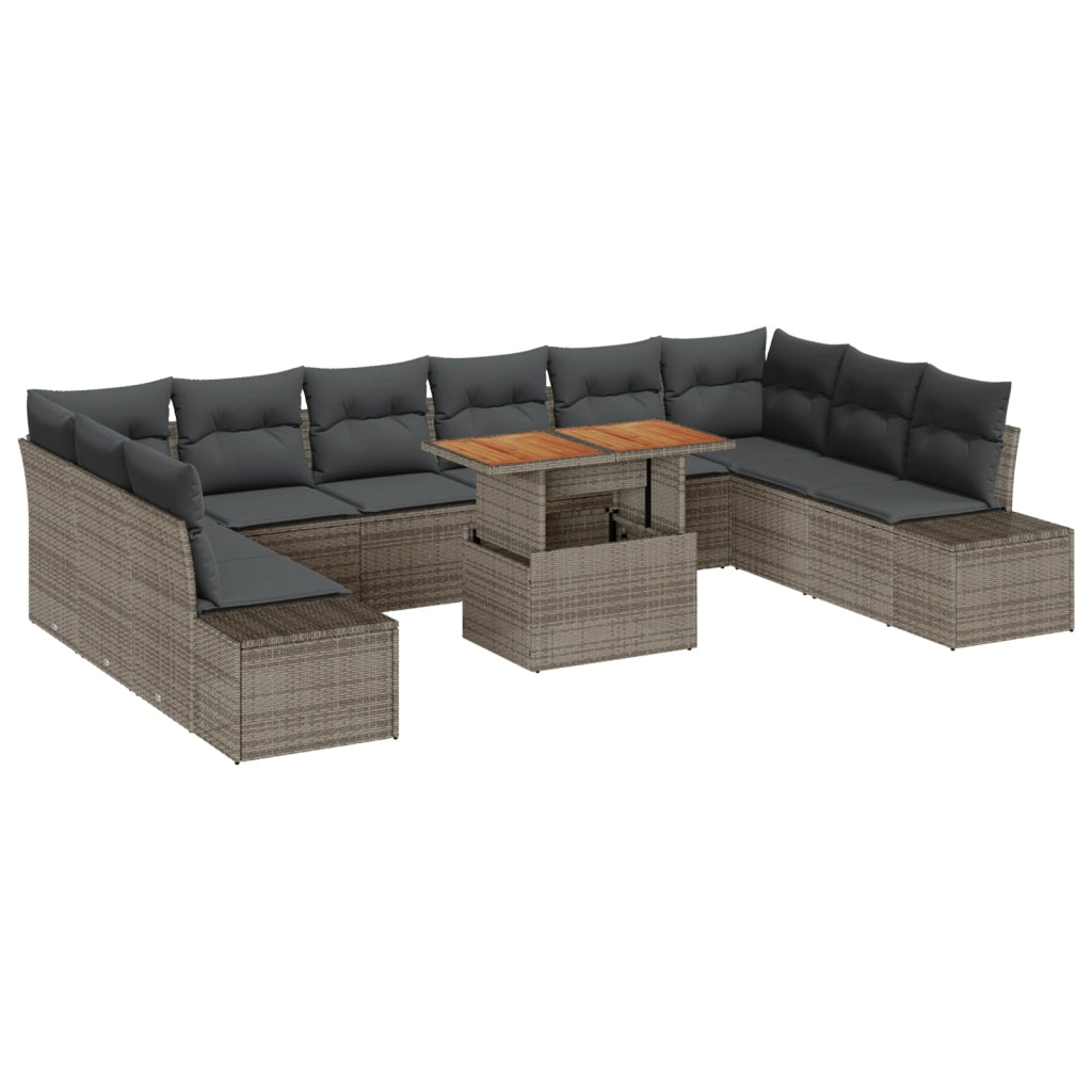Set da Pranzo da Giardino 11 Pezzi con Cuscini Grigio Rattan Polivalente Acacia