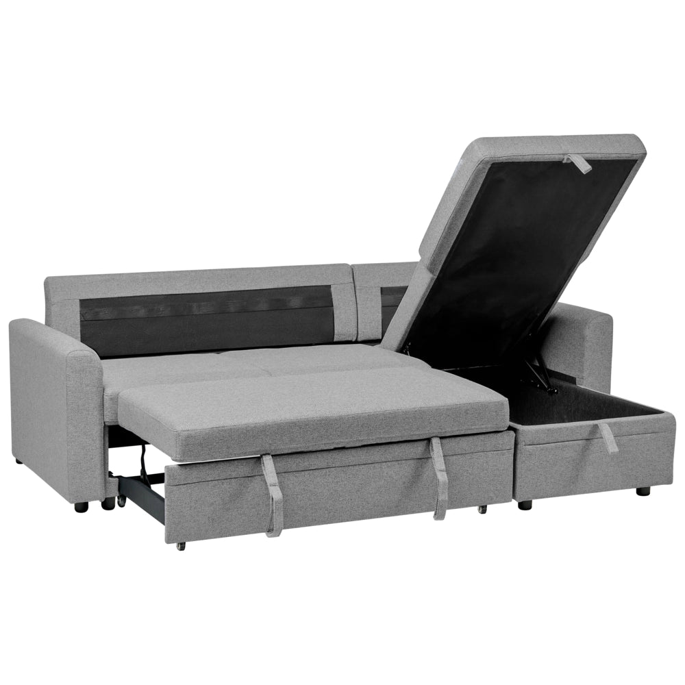 Divano letto angolare con contenitore lato sinistro grigio rivestimento in poliestere effetto lino contenitore cuscini design moderno