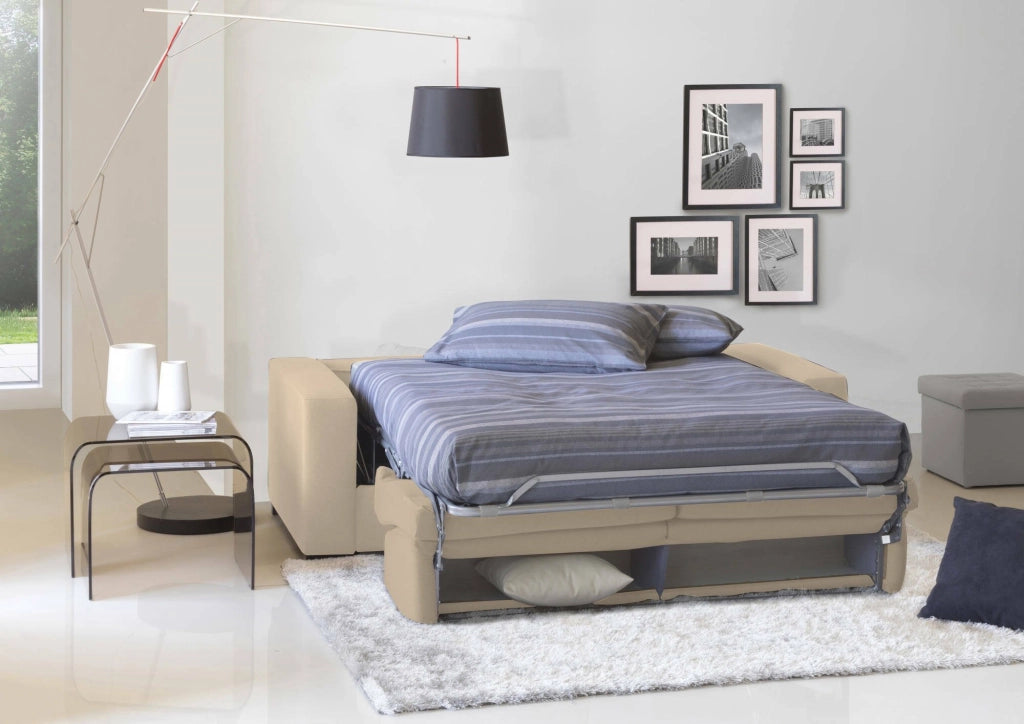 Divano Letto Andymion, Divano a 2 posti Large, Made in Italy, SofÒ  Soggiorno con apertura girevole, in tessuto imbottito, con Braccioli standard, cm 200x95h90, Beige